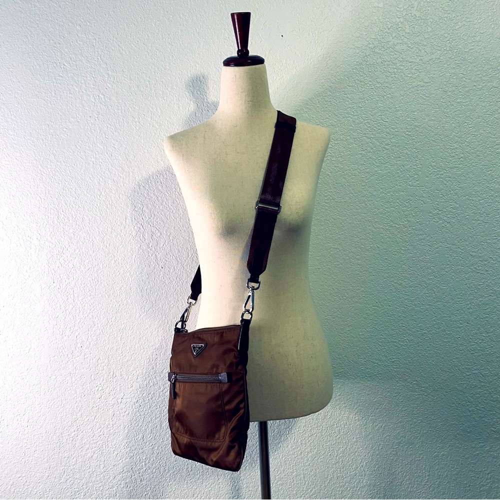Prada authentic crossbody messenger bag, nylon, brown